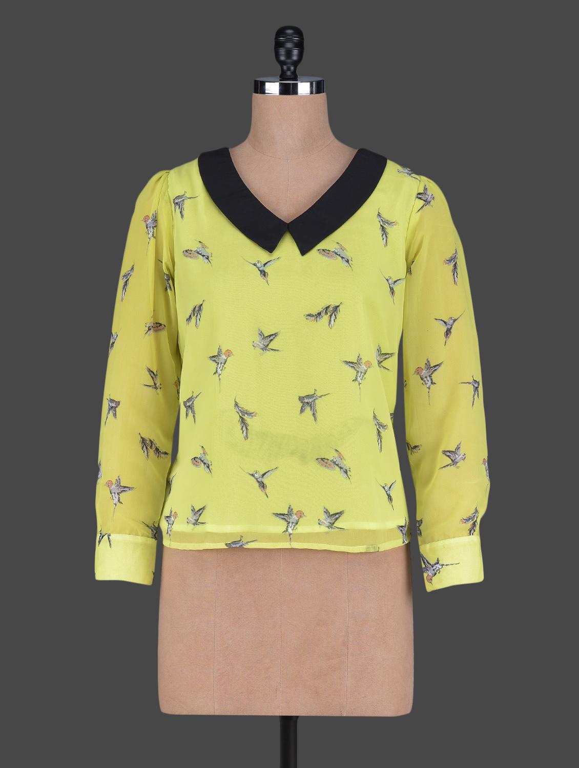 Contrasting Collar Bird Printed Long Sleeves Georgette Top - Holidae