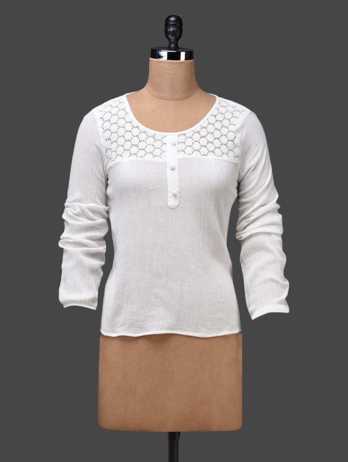 White Round Neck Lace Yoke Top - Shakumbhari