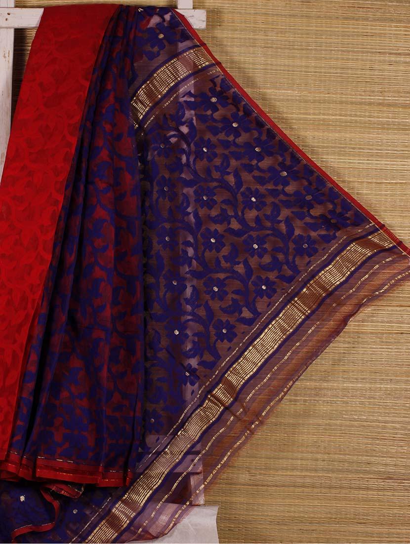 Red And Blue Cotton Silk Saree - Dharitri's Choice