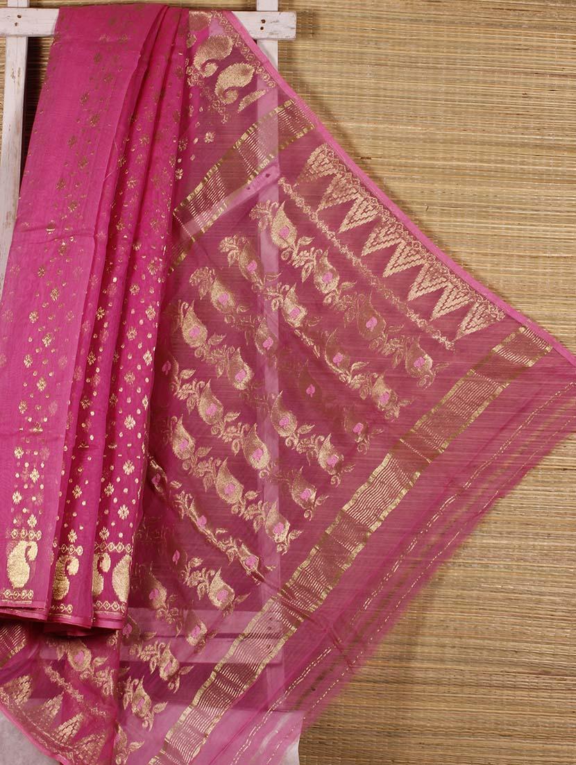 Pink Floral Cotton Silk Saree - Dharitri's Choice