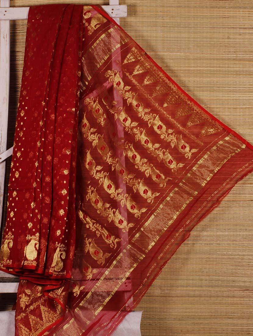 Red Floral Cotton Silk Saree - Dharitri's Choice