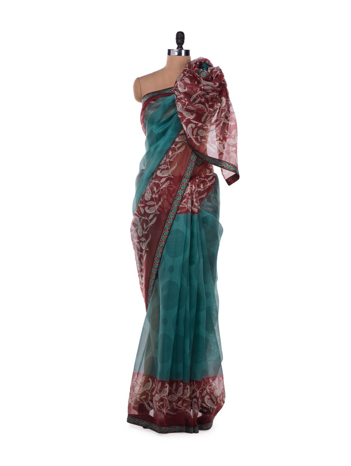 Mint Green And Maroon Peacock Panel Saree - ROOP KASHISH