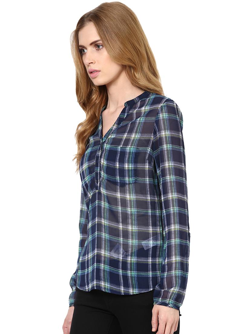 checks printed mandarin collar polygeorgette top - 1125095 - Zoom Image - 2