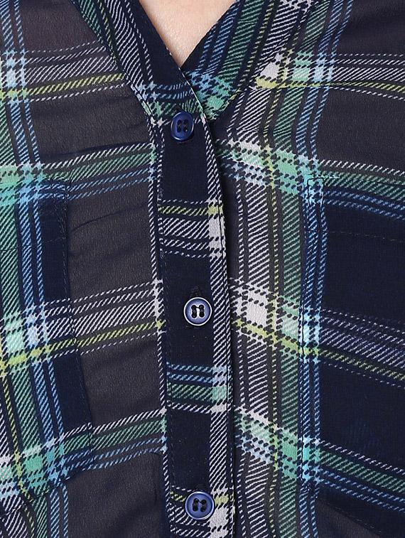checks printed mandarin collar polygeorgette top - 1125095 - Zoom Image - 5