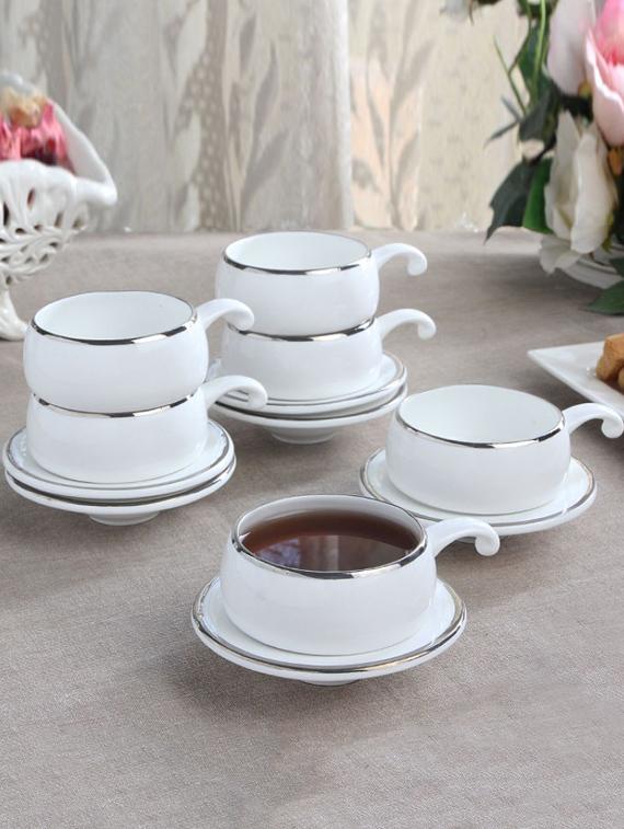 Solid Color Silver Border Half Handle Tea Cup Set - Clay Craft