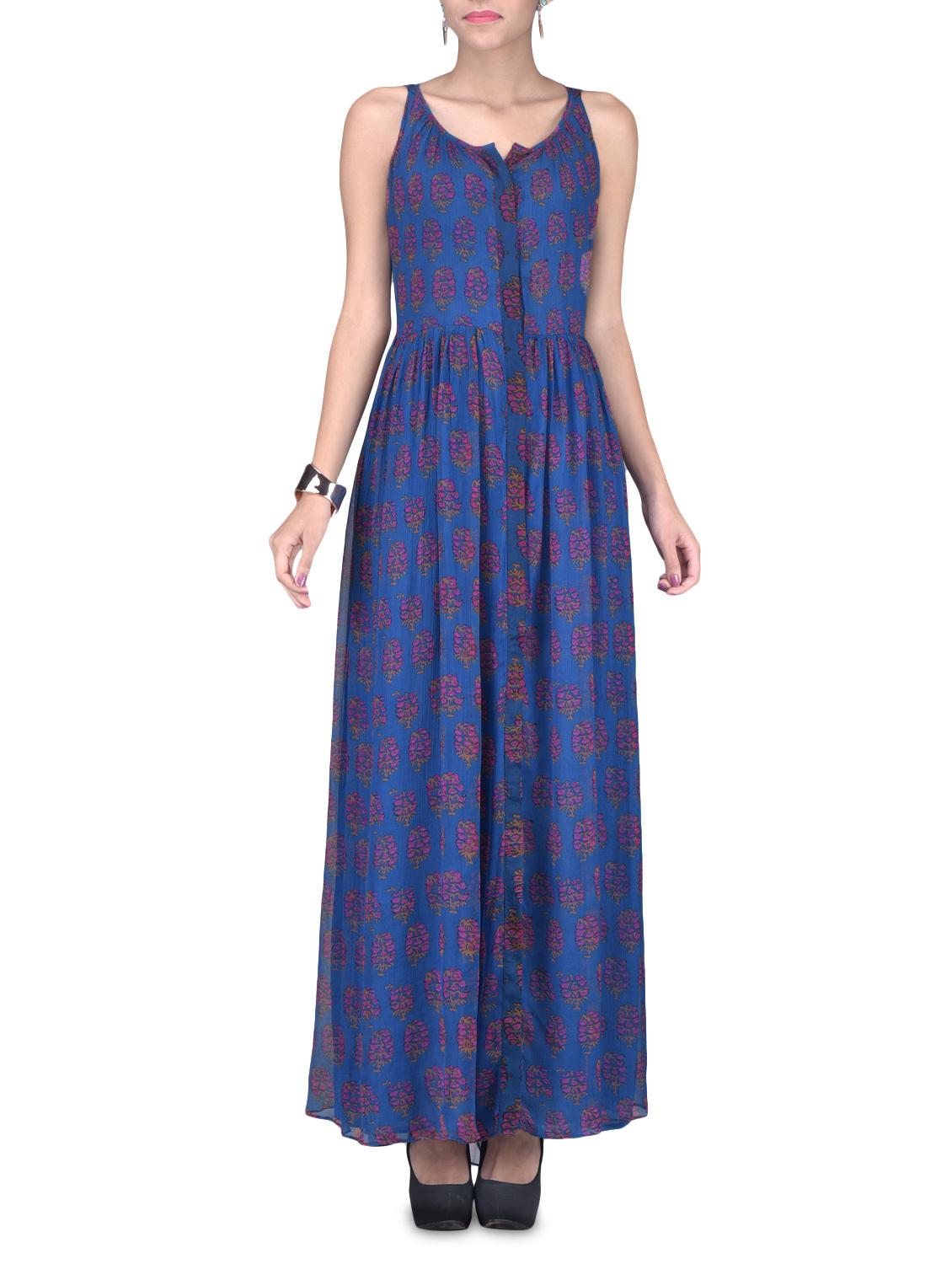 Sleeveless Blue Printed Maxi Dress - LABEL Ritu Kumar