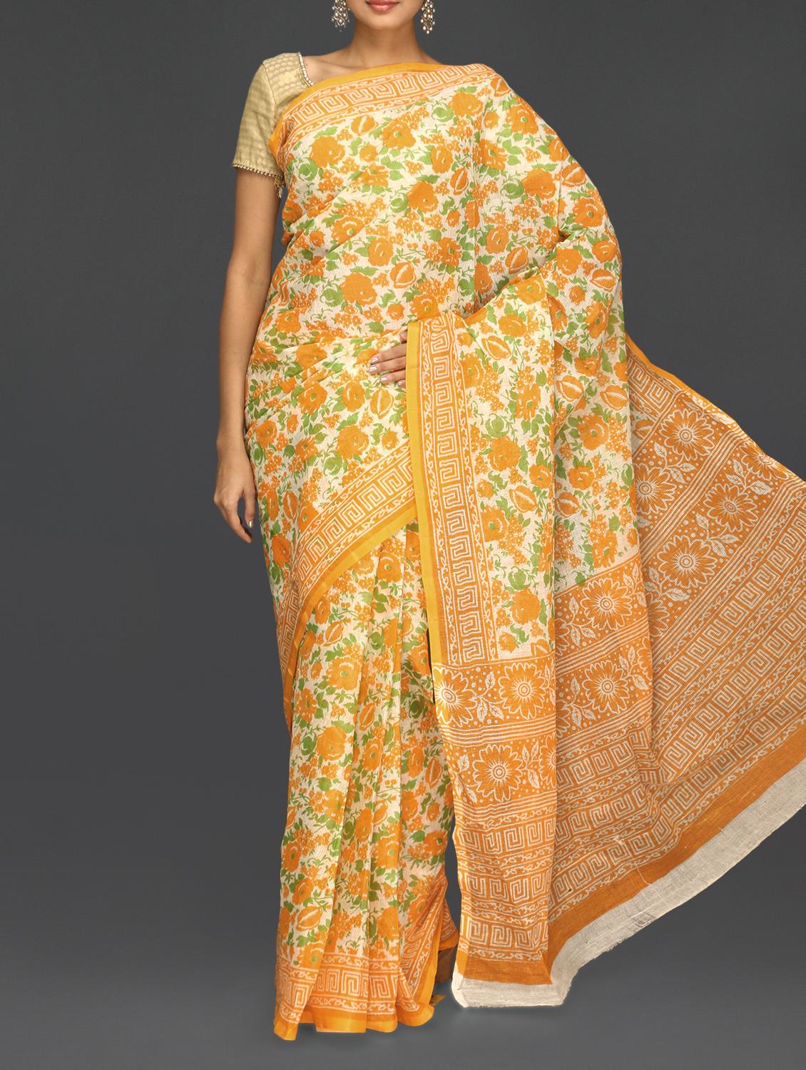 Yellow Floral With Leaf Printed Saree - Komal Sarees
