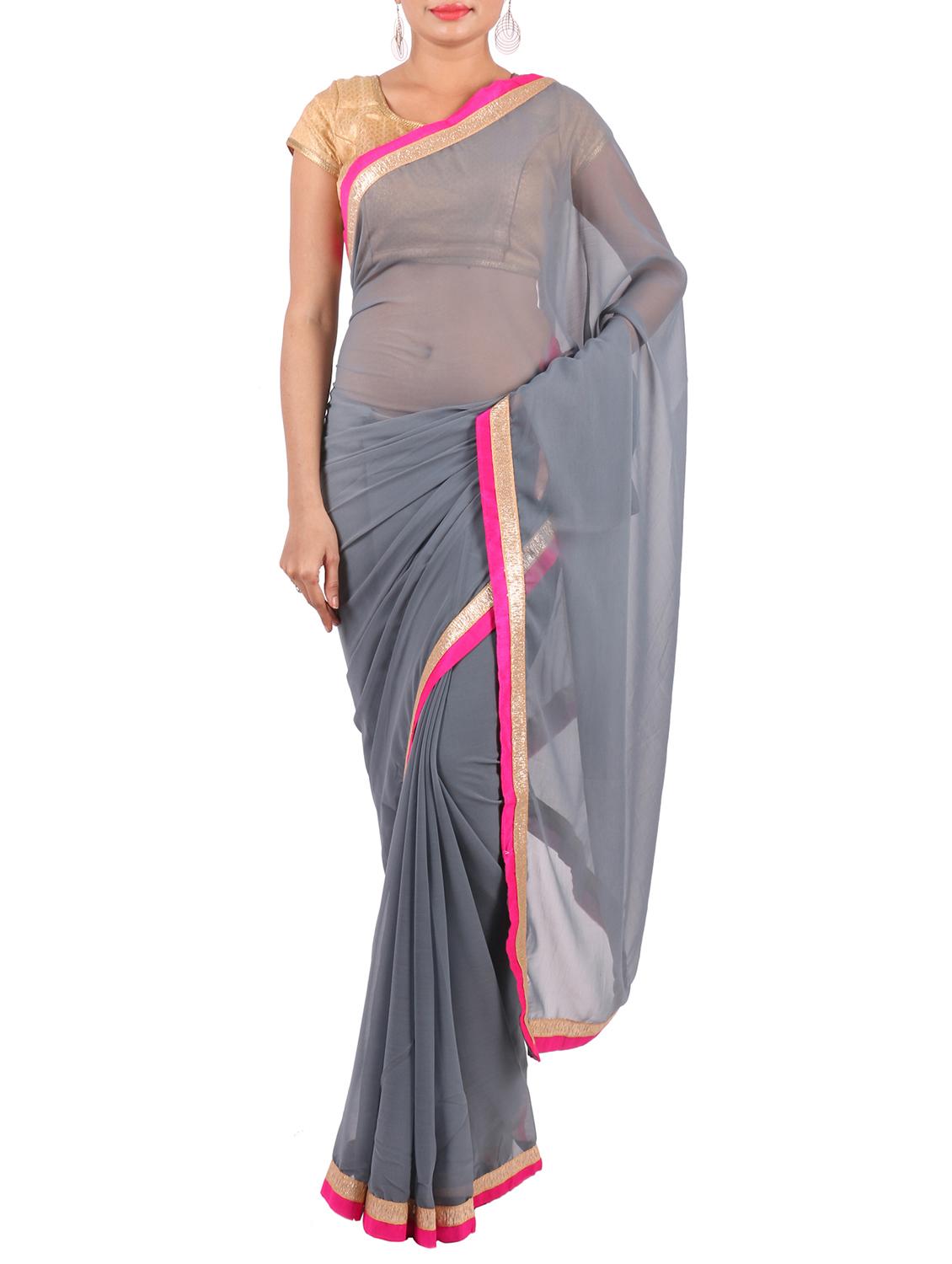 Grey Chiffon Saree With Contrasting Border - By