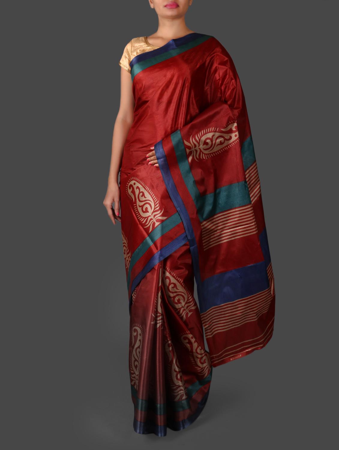 Red Paisley Printed Art Silk Saree - Janasya