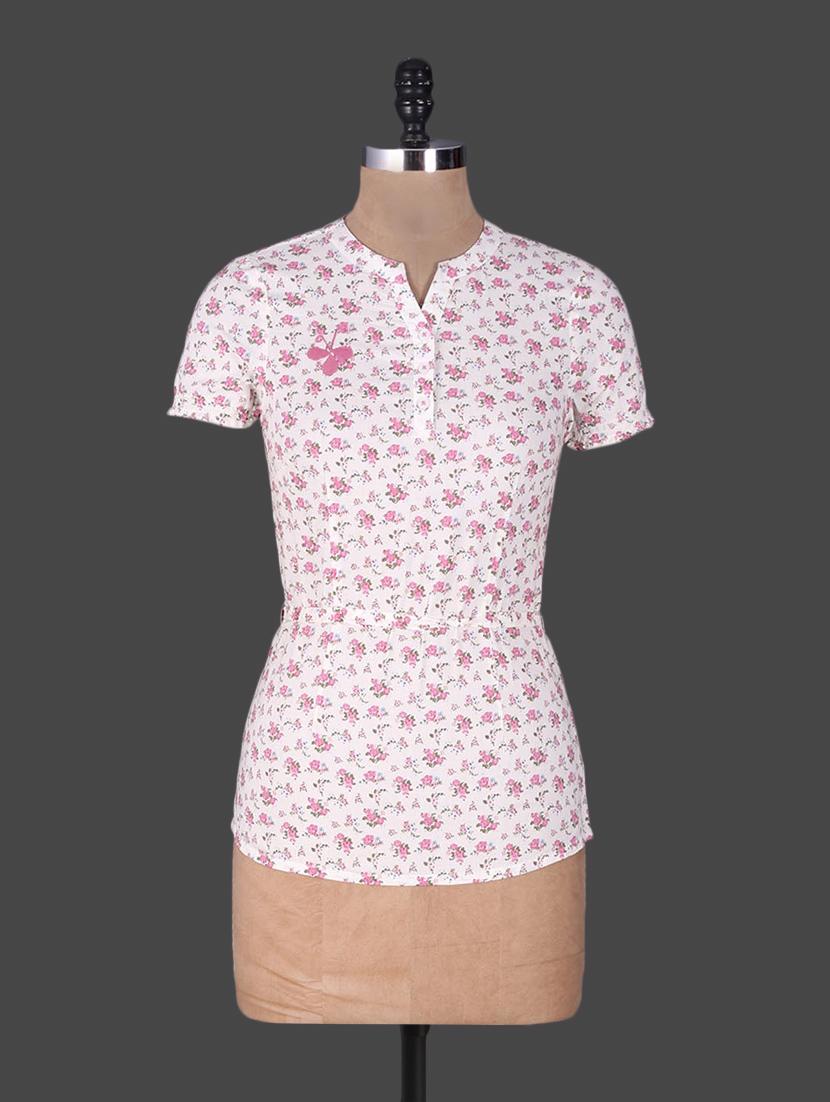 Floral Printed White Cotton Top - By