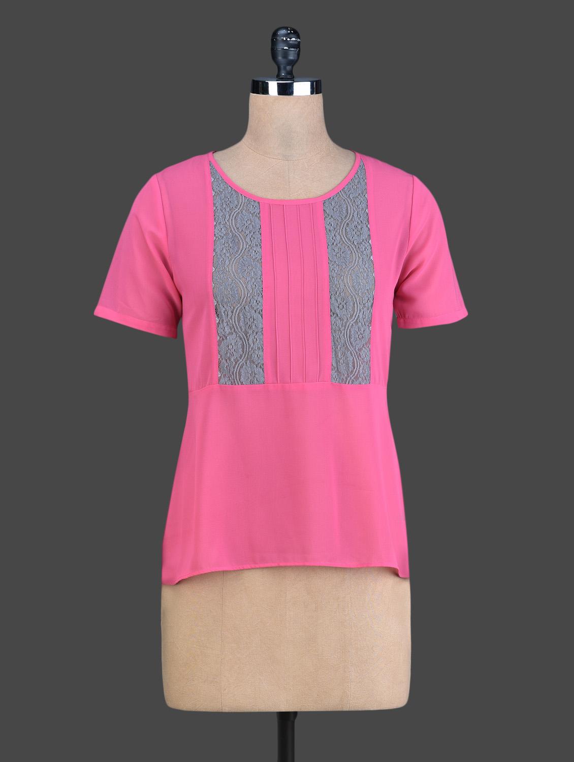 Pink High-Low Top With Blue Lace Panels - Instacrush