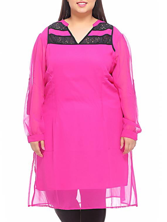 Pink Cotton Kurti With Black Lace Panels - PLUSS