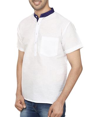 solid white checkered cotton kurta - 11435867 - Standard Image - 2