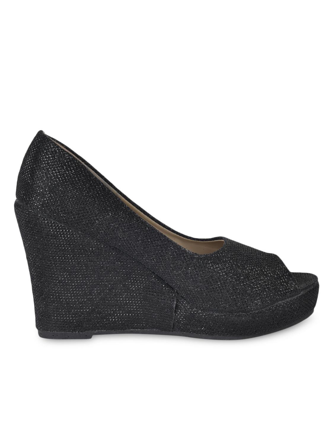 Textured Black Peep Toe Wedges - Flat N Heels