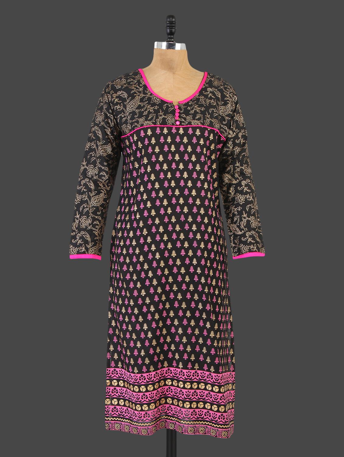 Black Round Neck Printed Kurta - Desirang