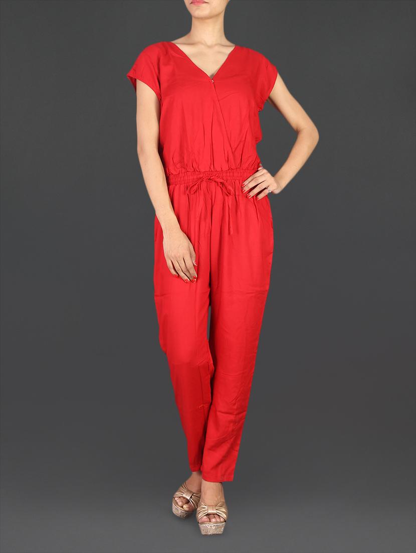 Solid Red Rayon Jumpsuit - By