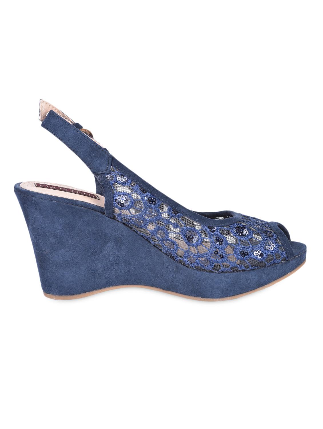 Sling Back Peep Toe Blue Lace Wedges - Flat N Heels