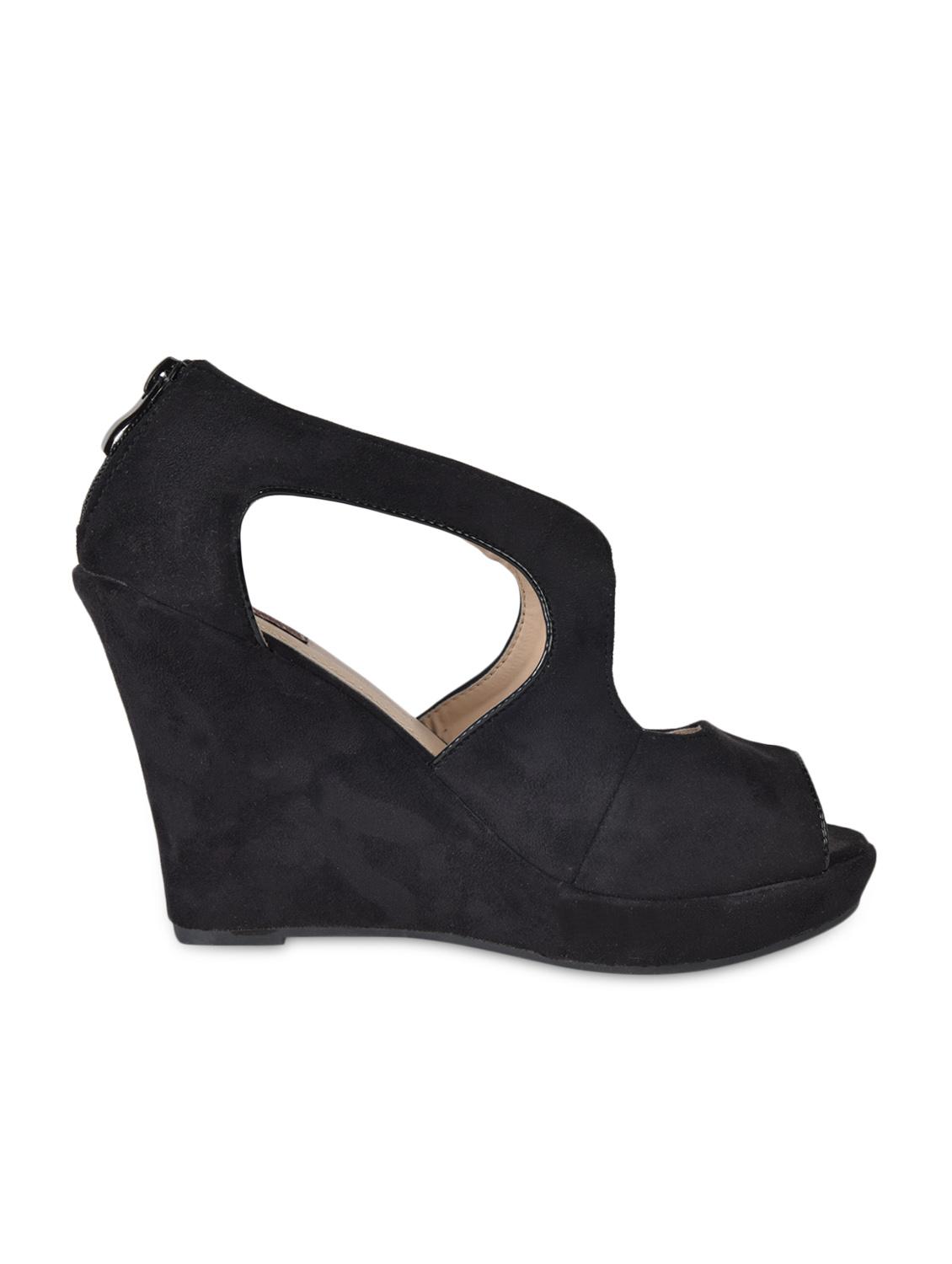 Peep Toe Black Suede Wedges - Flat N Heels