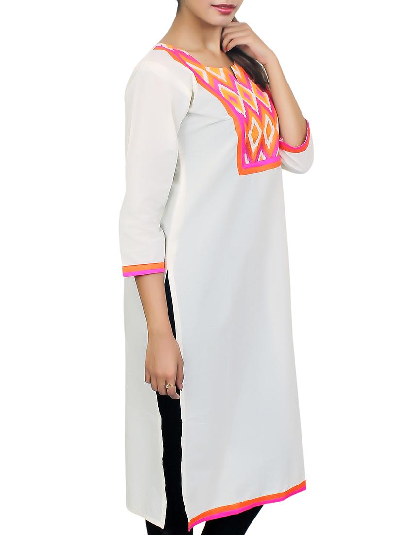 white embroidered cotton kurta - 11481419 - Zoom Image - 2