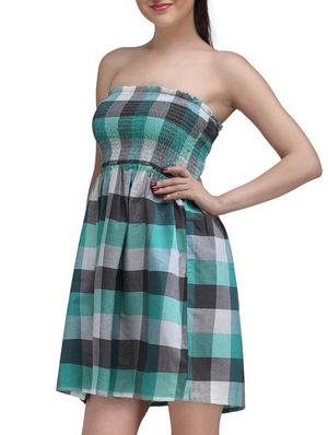 green checked cotton off shoulder dress - 11482396 - Standard Image - 2
