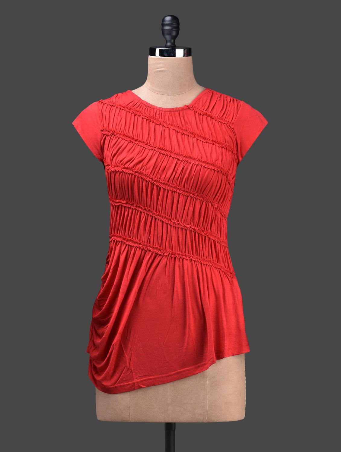 Red Viscose Knit Gathered Top - Glam And Luxe