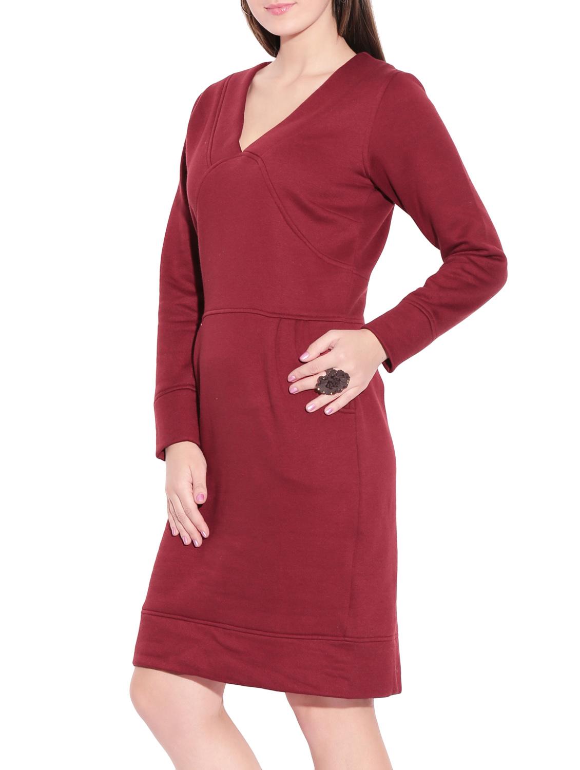 maroon fleece v-neck long dress - 1149187 - Zoom Image - 2