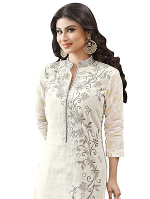 white cotton unstitched suit - 11525380 - Standard Image - 2