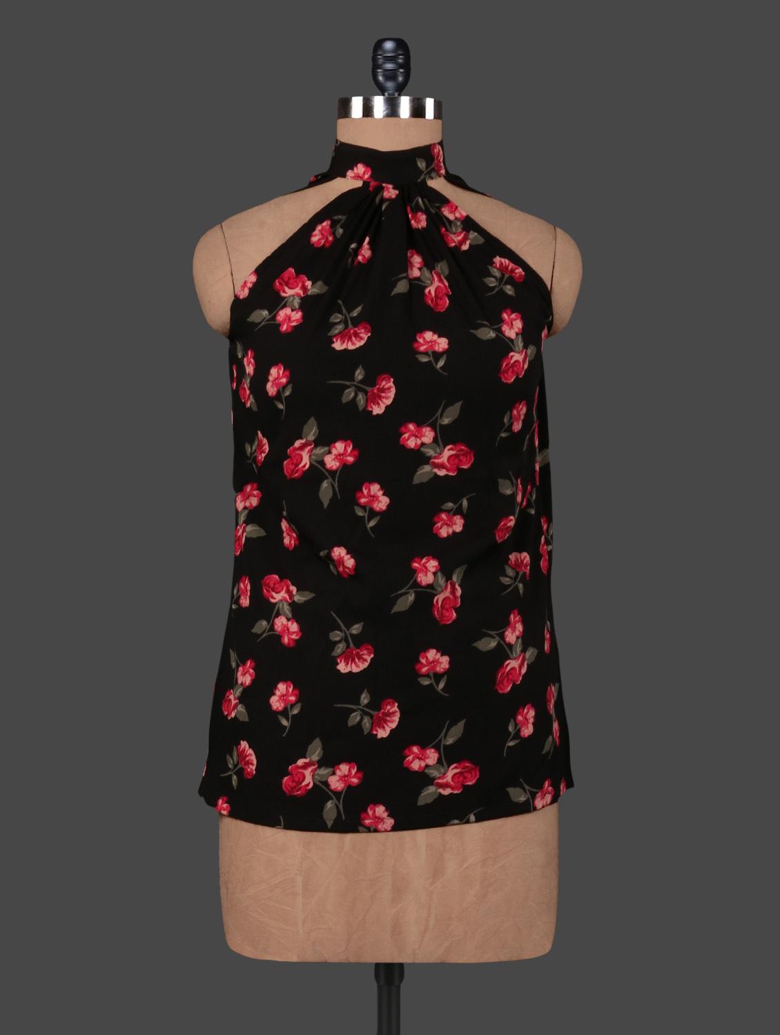 Black Floral Print Halter Neck Top - VICTORIAN CLOTHING