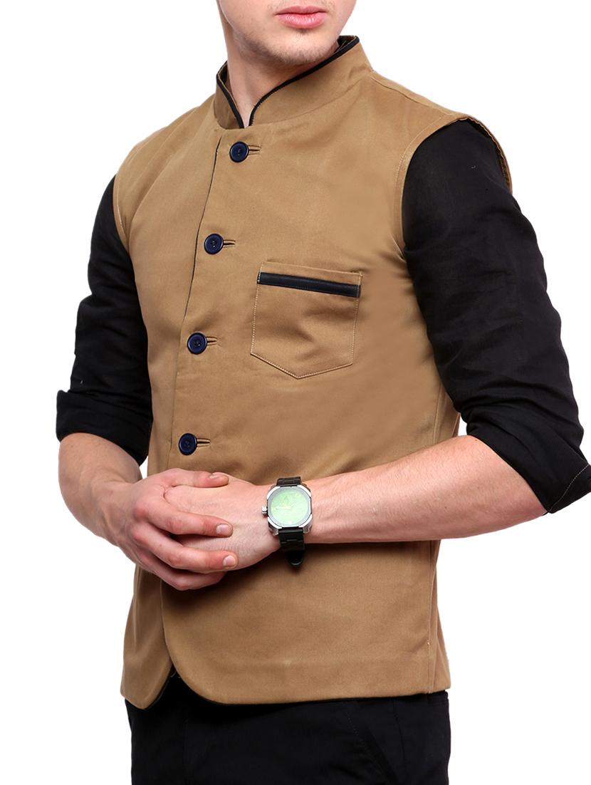 solid brown cotton nehru jacket - 11536383 - Zoom Image - 2