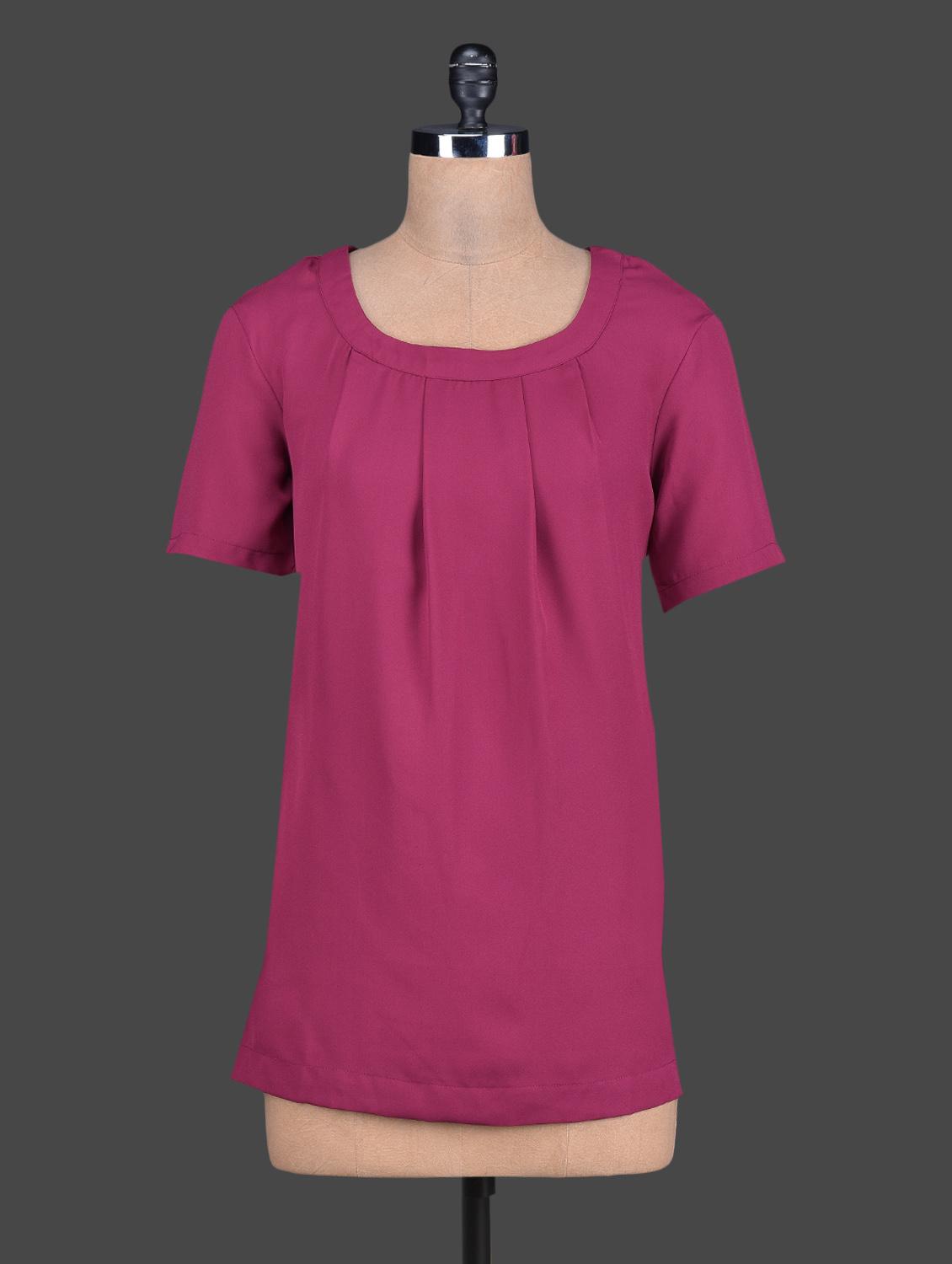 Pleated Round Neck Short Sleeves Crepe Top - Tops And Tunics