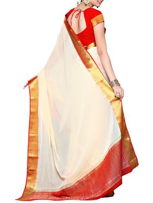 cream chiffon bordered saree with blouse - 11578192 - Standard Image - 2