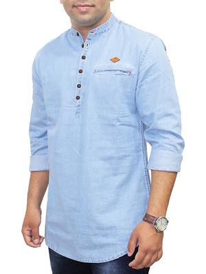 solid light blue denim kurta - 11616234 - Standard Image - 2