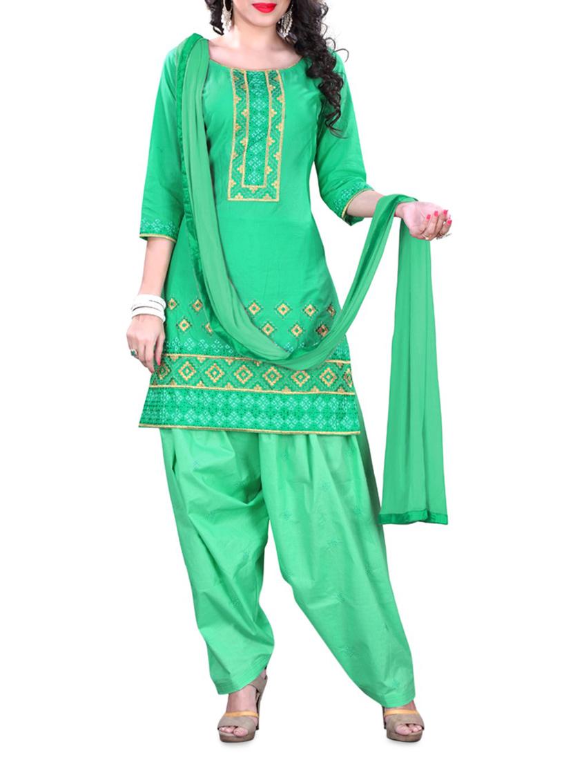 Green Embroidered Cotton Unstitched Patiala Suit Set - PARISHA