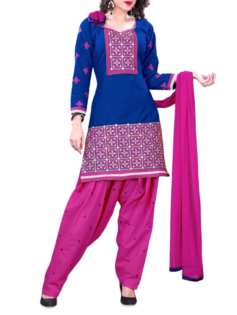 Blue Embroidered Cotton Unstitched Patiala Suit Set - PARISHA
