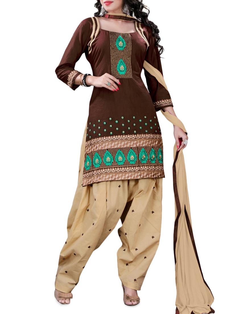 Brown Embroidered Cotton Unstitched Patiala Suit Set - PARISHA