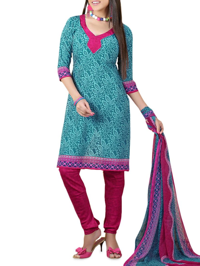 Green Printed Cotton Unstitched Patiala Suit Set - PARISHA