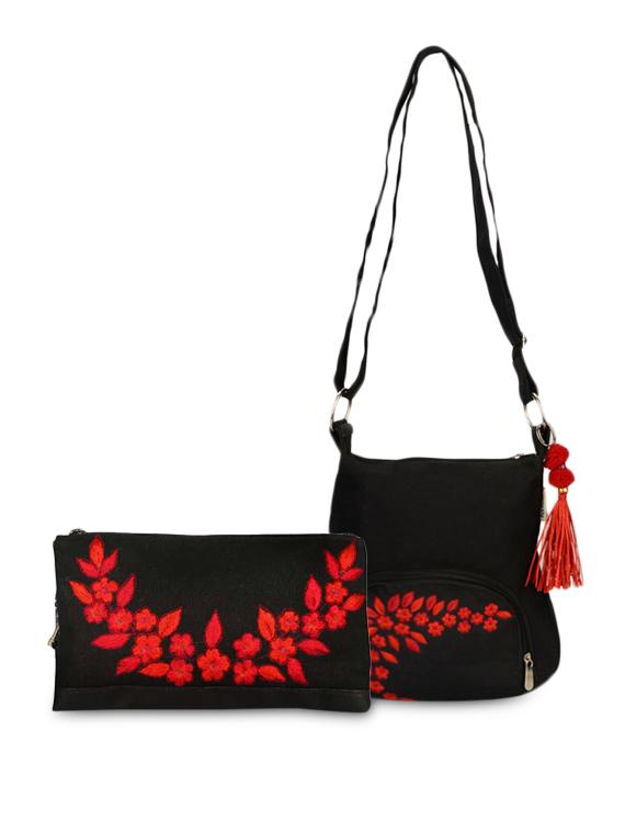 Set Of Embroidered Wristlet And Black Sling Bag - By