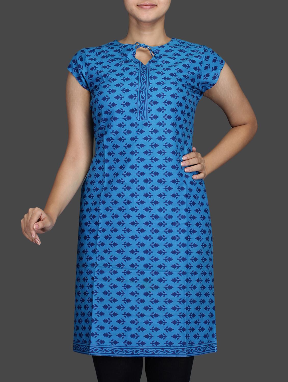 Blue Printed Short Sleeve Cotton Kurta - Sutee
