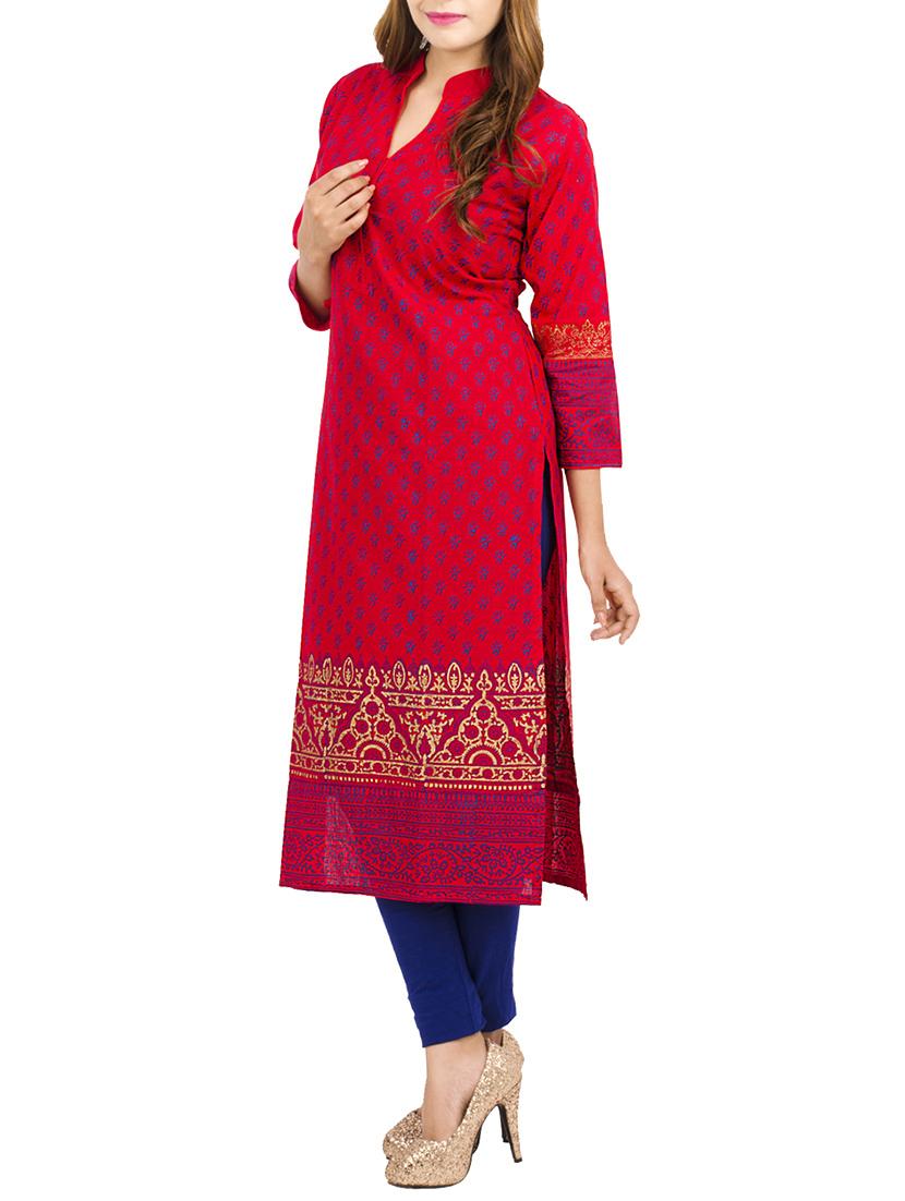red cotton printed kurta - 11704959 - Zoom Image - 2