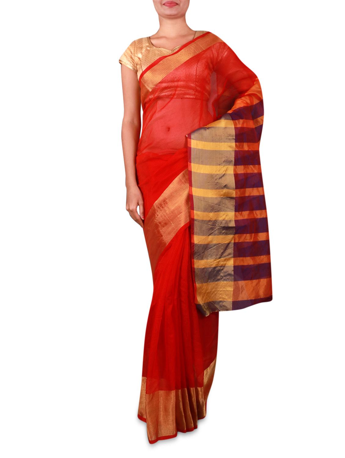 Red Cotton Silk Saree With Striped Aanchal - INDI WARDROBE