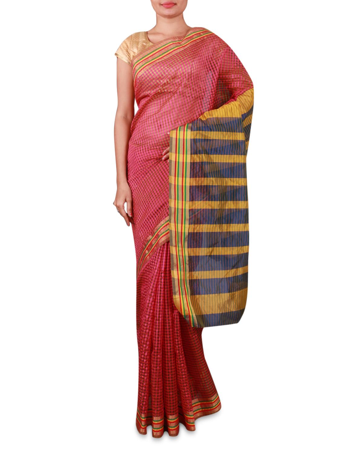Pink Cotton Silk Saree With Striped Aanchal - INDI WARDROBE