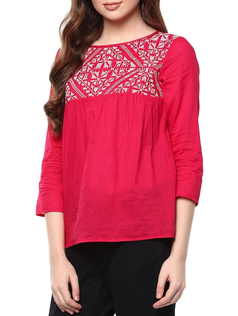 Pink embroidered cotton three quarter sleeved top - 11785130 - Zoom Image - 2