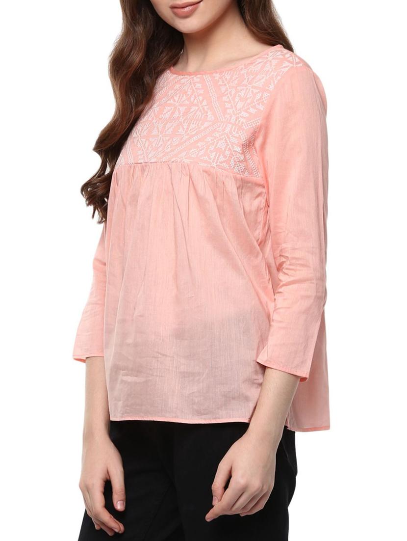 peach embroidered cotton three quarter sleeved top - 11785132 - Zoom Image - 2