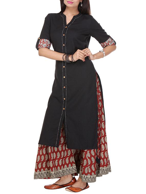 Varanga Black Cotton Kurta With Palazzo - By