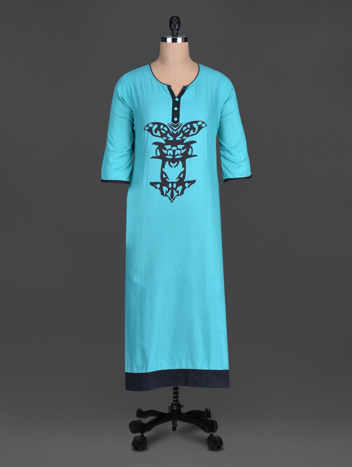 Blue Printed Cotton Round Neck Kurta - By