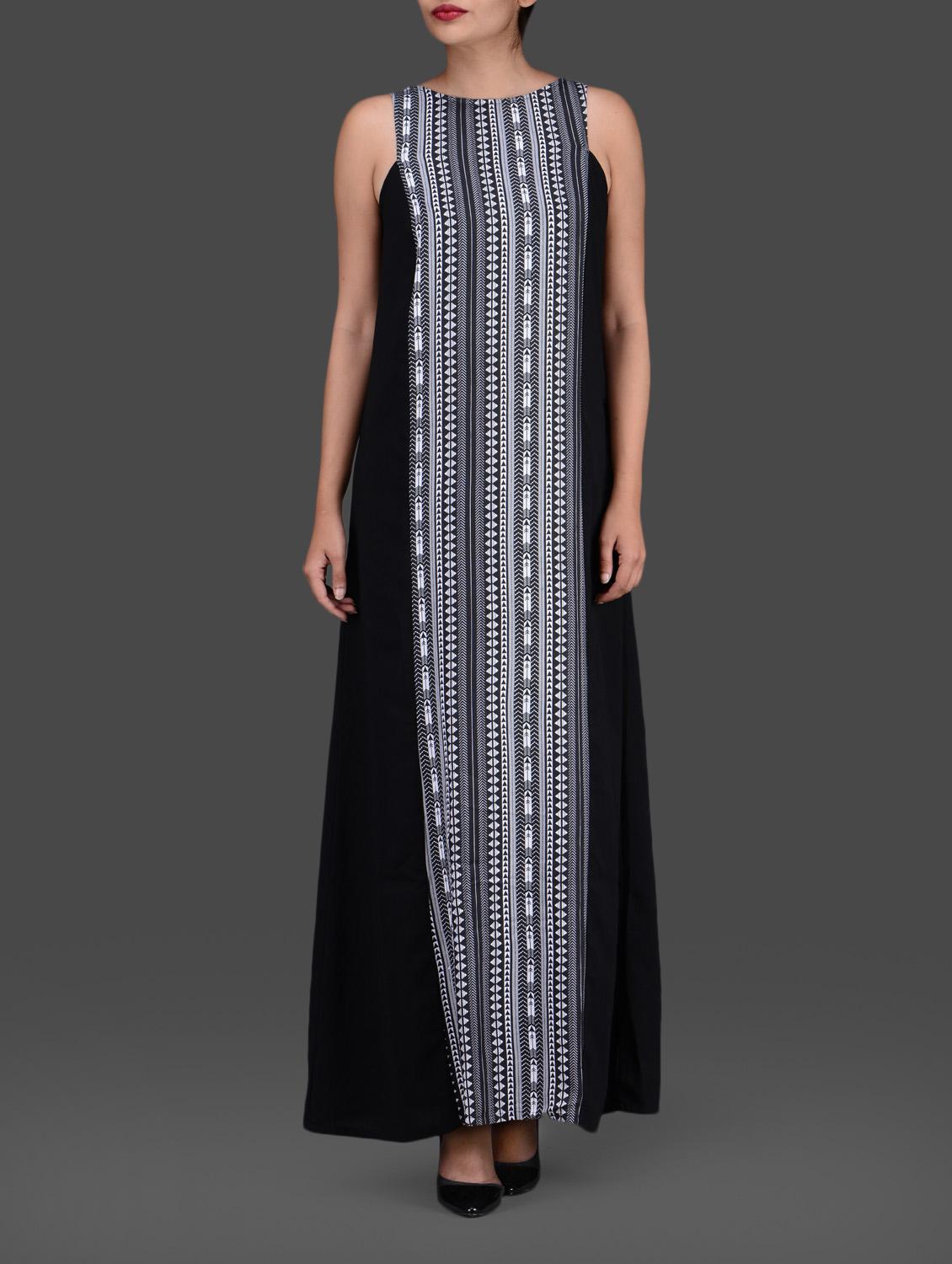 Black With Print Sleeveless Maxi Dress - Femella