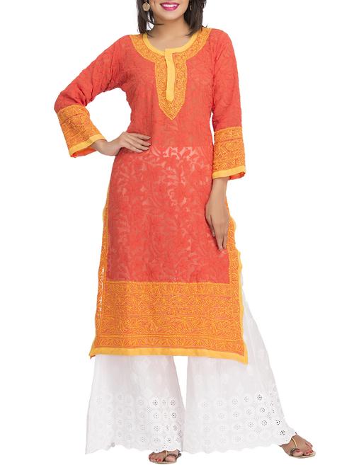 Coral Chikankari Embroidered Georgette Kurta - 11875849 - Very Small Image - 1