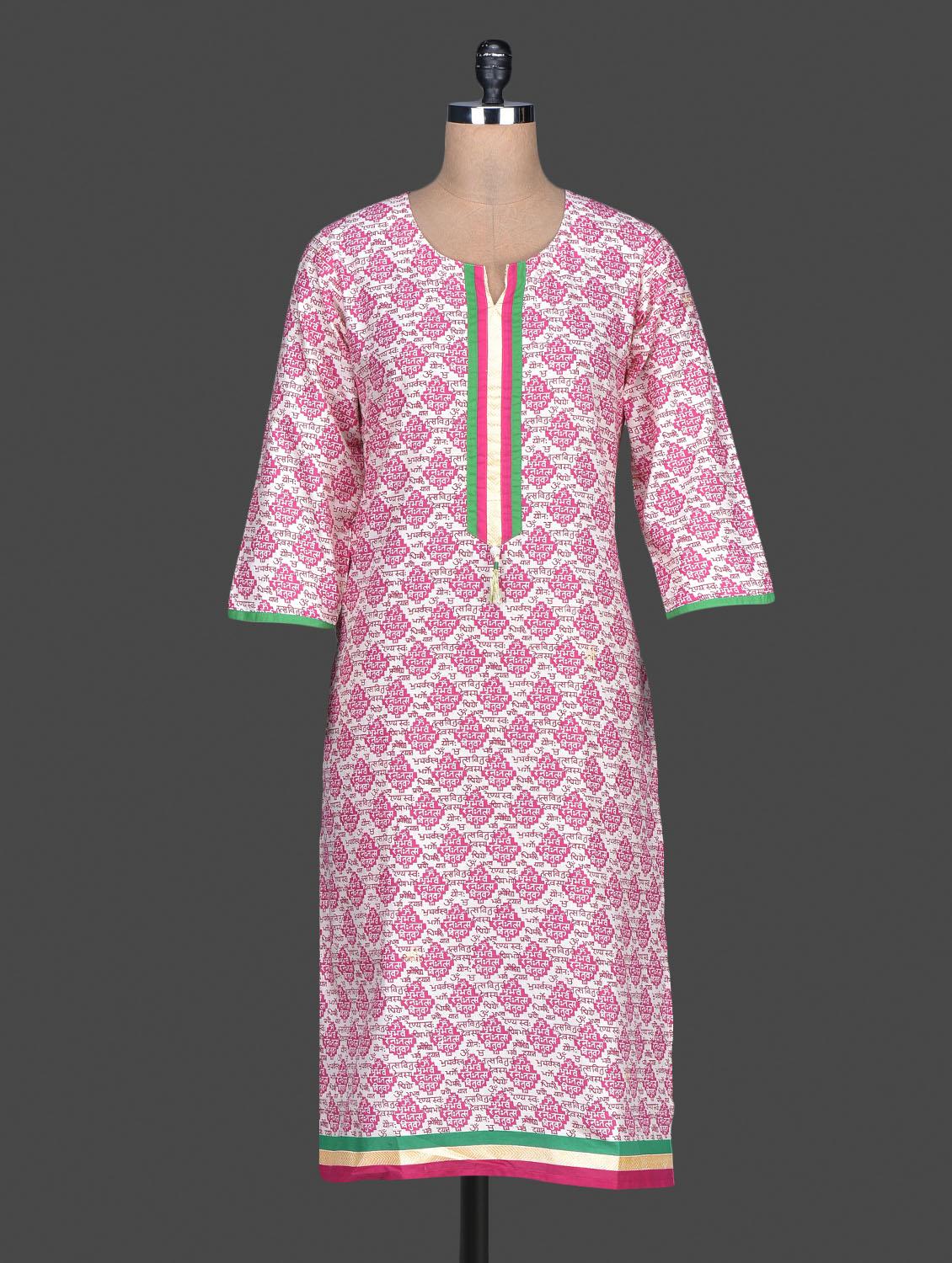 Pink Printed Cotton Round Neck Kurta - SHREE