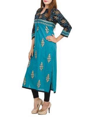 blue cotton straight kurta - 11911027 - Standard Image - 2