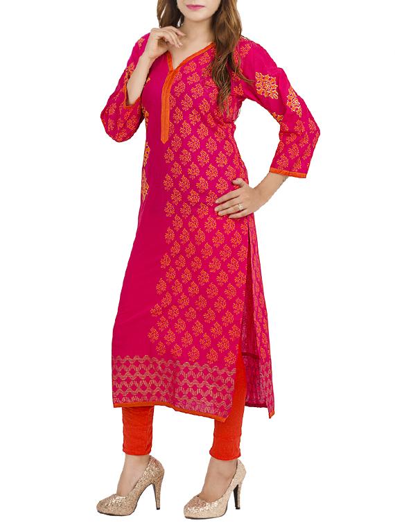 pink cotton printed long kurta - 11911034 - Zoom Image - 2